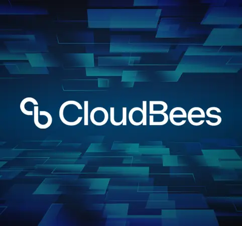 Logo de CloudBees sobre un fondo oscuro con líneas luminosas azules.